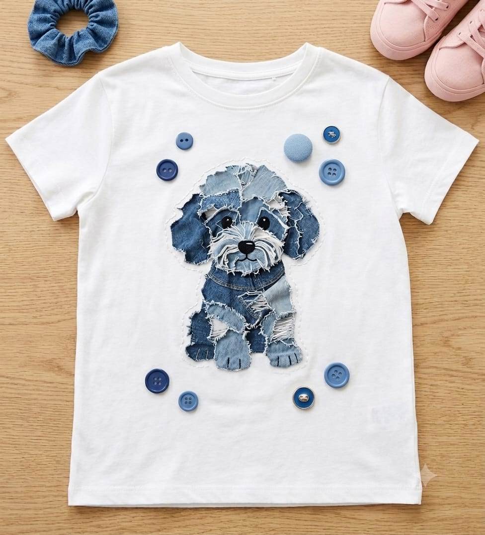 Denim blue patch pup graphic printed Tee