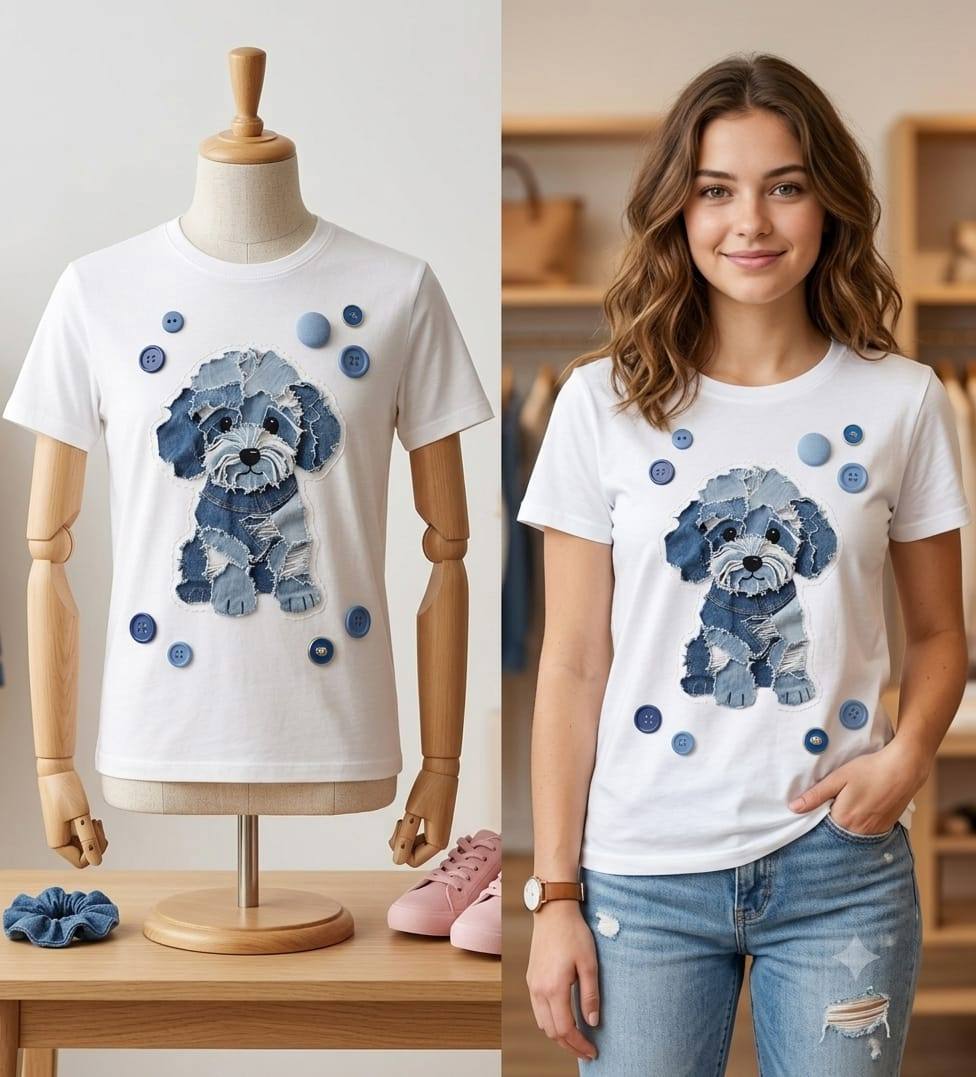 Denim blue patch pup graphic printed Tee